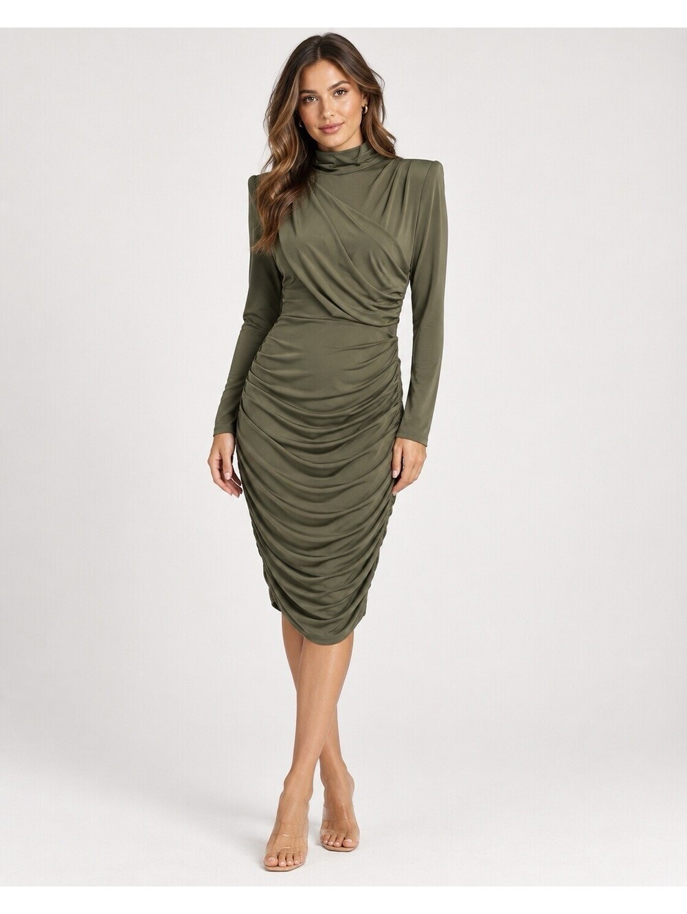 Express Ruched Mock Neck Green Strong Shoulder Back Cutout Mini Dress L